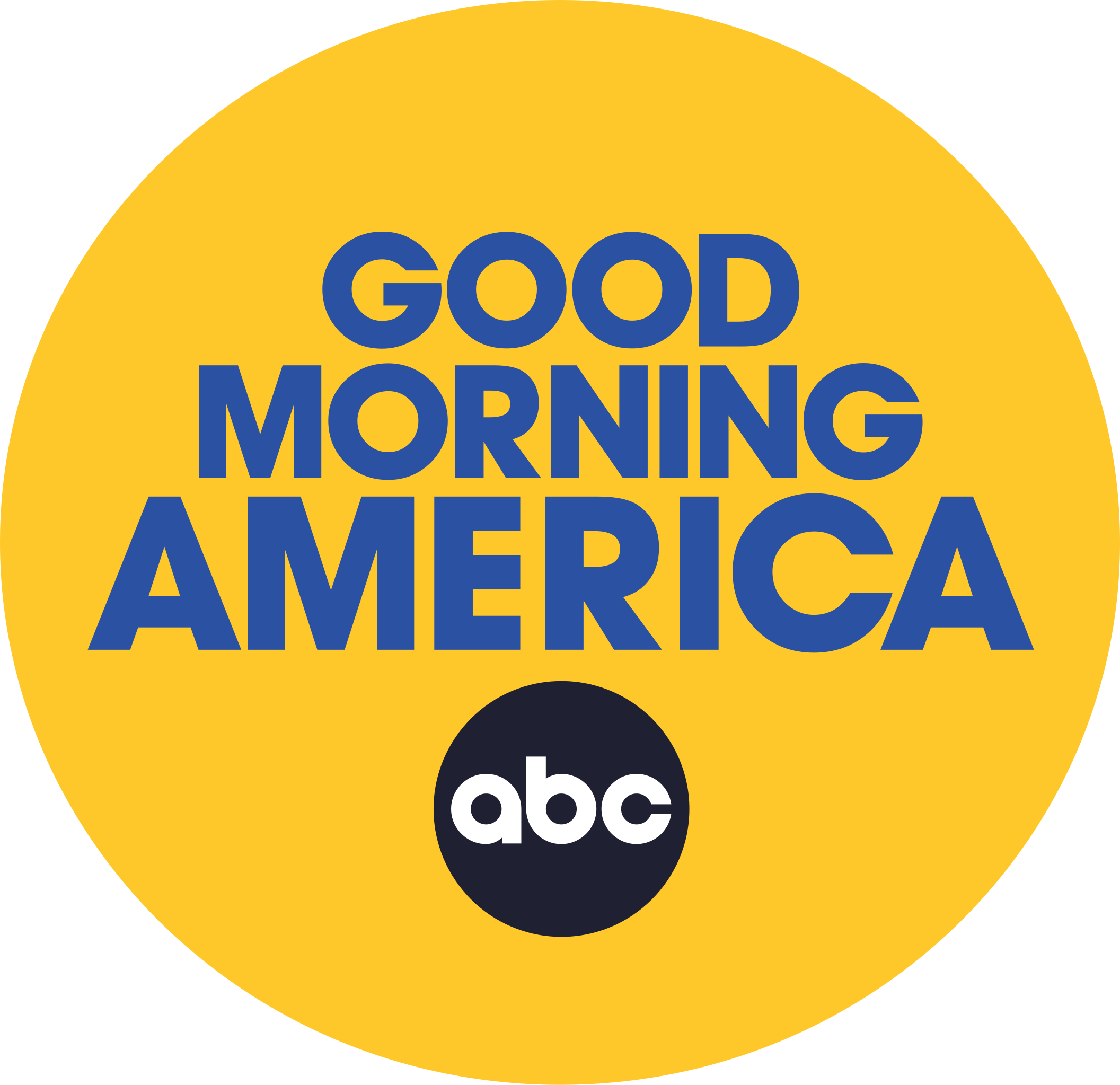 A circular yellow graphic with the text 'Good Morning America' in large blue letters and the ABC logo at the bottom.