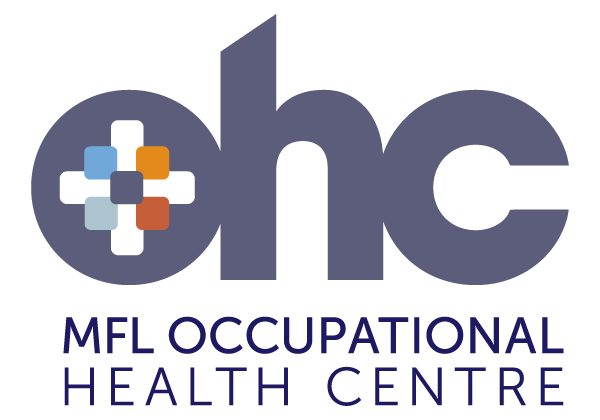 Logo of MFL Occupational Health Centre with multicolored cross symbol and text.