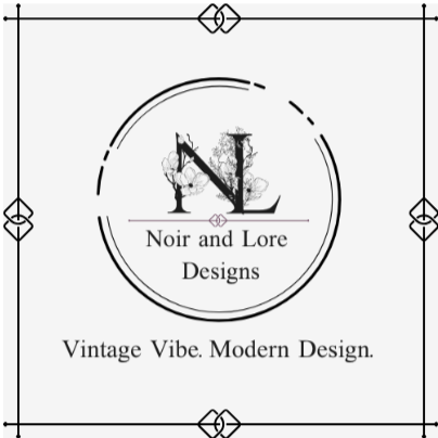 Logo for Noir and Lore Designs featuring a vintage-style clock and elegant text.