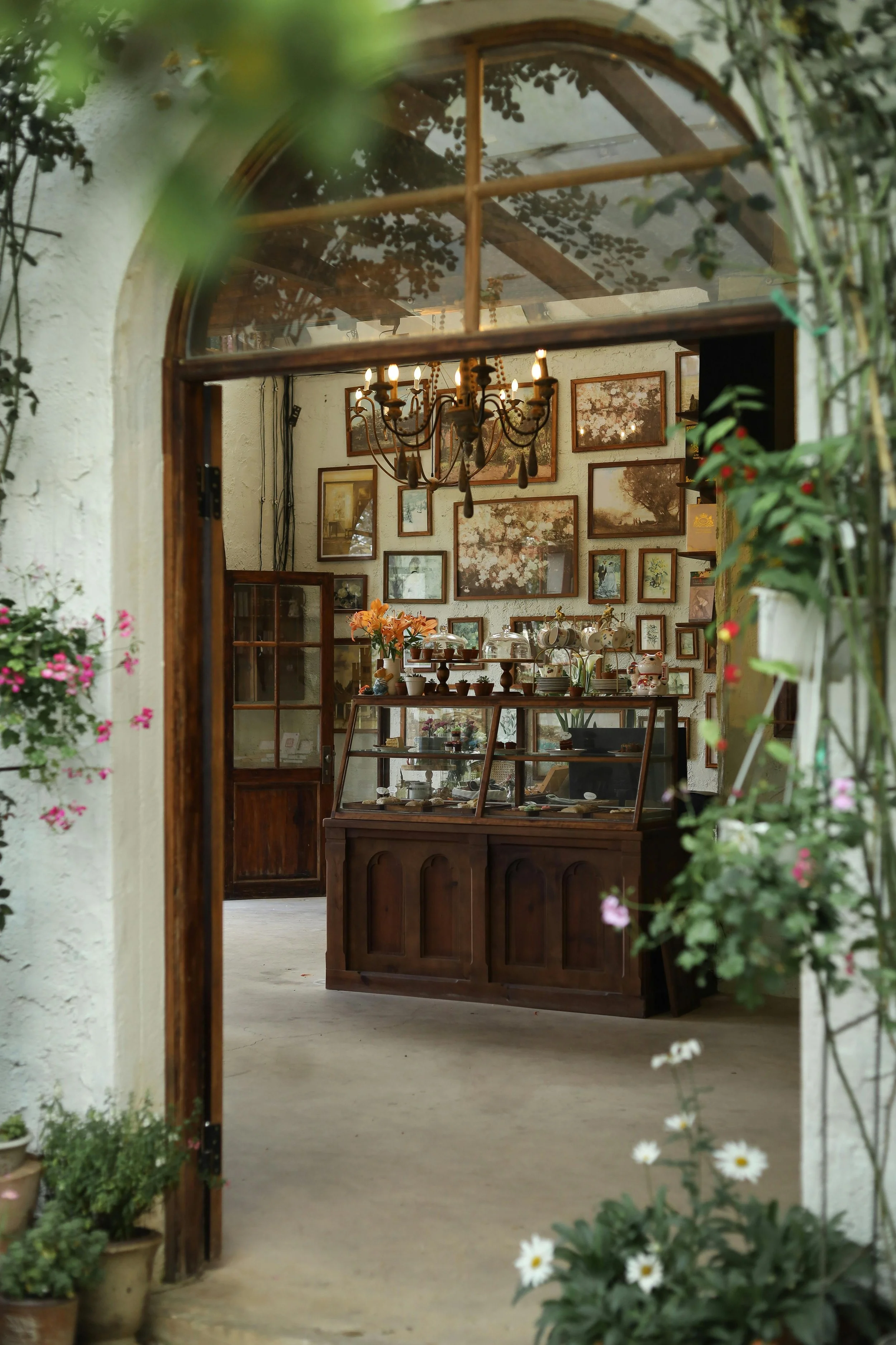 View through an open wooden door into a vintage shop or cafe, decorated with plants and flowers, with a chandelier hanging from the ceiling and framed pictures on the wall, as well as display cases filled with various items.