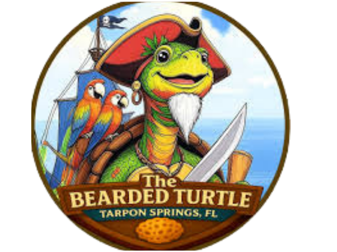Logo for The Bearded Turtle in Tarpon Springs, FL, featuring a cartoon turtle with a beard dressed as a pirate, holding a sword, with two parrots and a ship in the background.