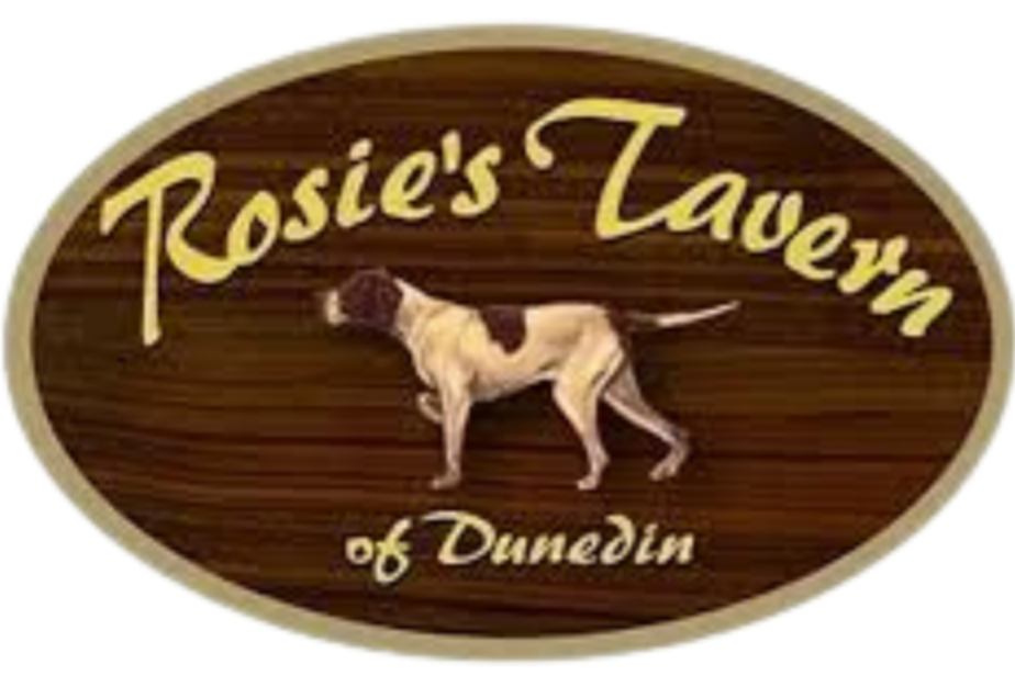 Sign for Rosie's Tavern of Dunedin with text and a dog illustration.
