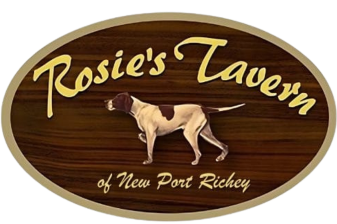 Wooden sign for Rosie's Tavern of New Port Richey with a dog graphic