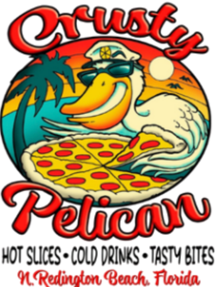 A logo for a restaurant called 'Cryptic Pelican' featuring a cartoon pelican wearing sunglasses and a sailor hat, holding a slice of pepperoni pizza, with a sunset, palm trees, and ocean in the background.
