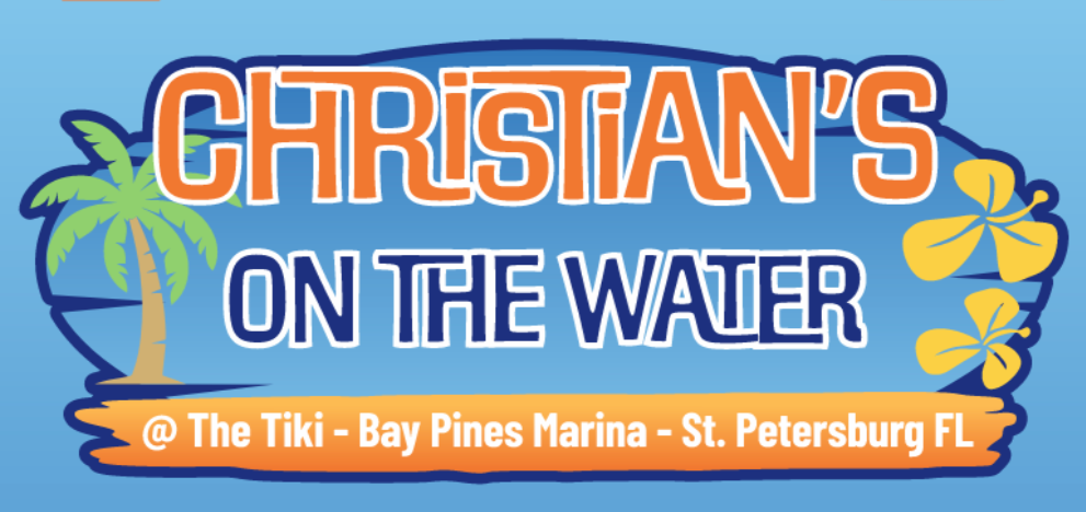Colorful logo for Christian's on the Water at The Tiki, Bay Pines Marina, St. Petersburg, Florida, featuring a palm tree, a boat, and hibiscus flowers.