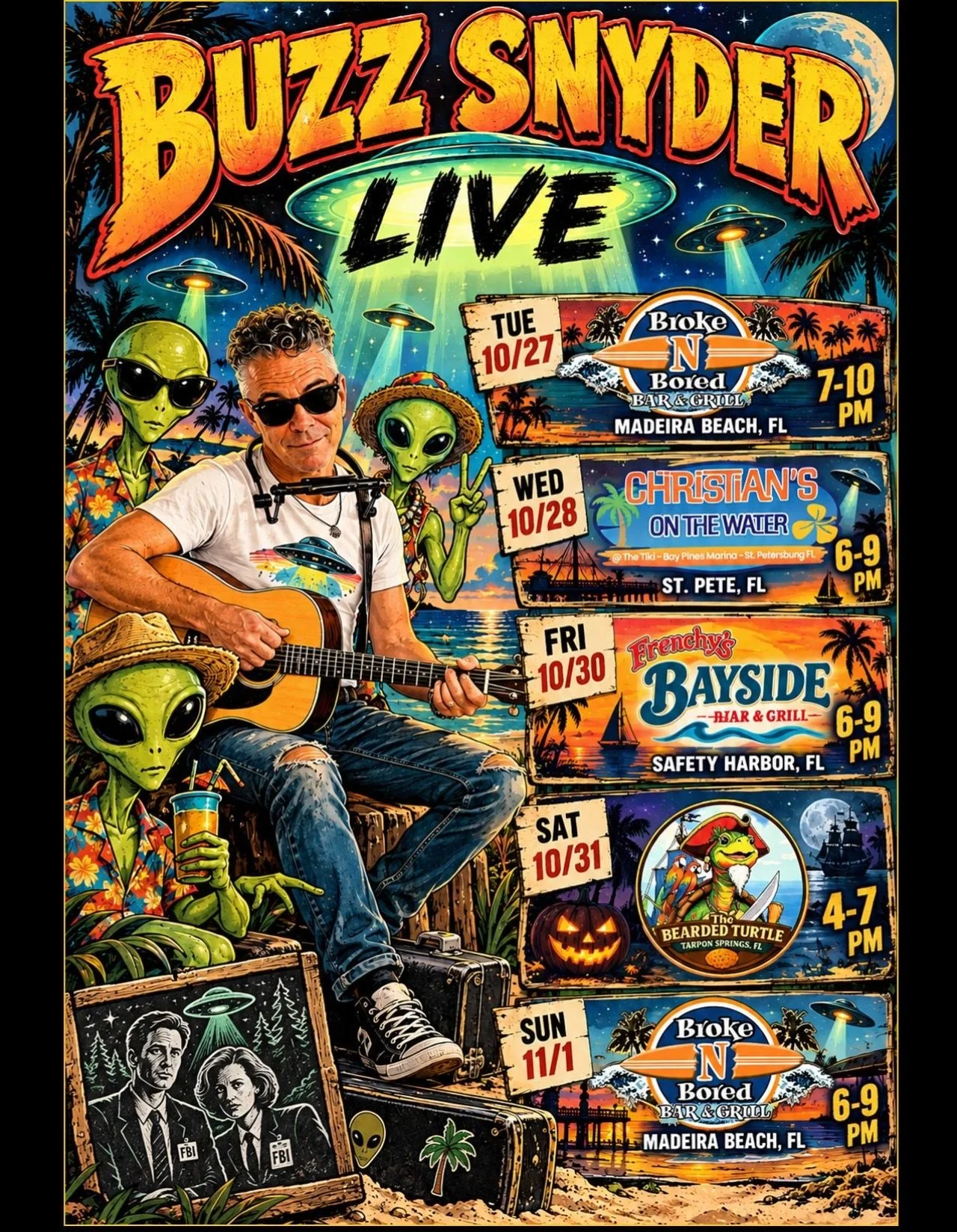 Great week of shows along the beach this week&hellip;  shake off your routine and come out for some great fun, and classic acoustic rock as we close out &ldquo;Rock-tober&rdquo;&hellip; 🐝 Buzz #tarponsprings #madeirabeach #stpete #safetyharborfl #du
