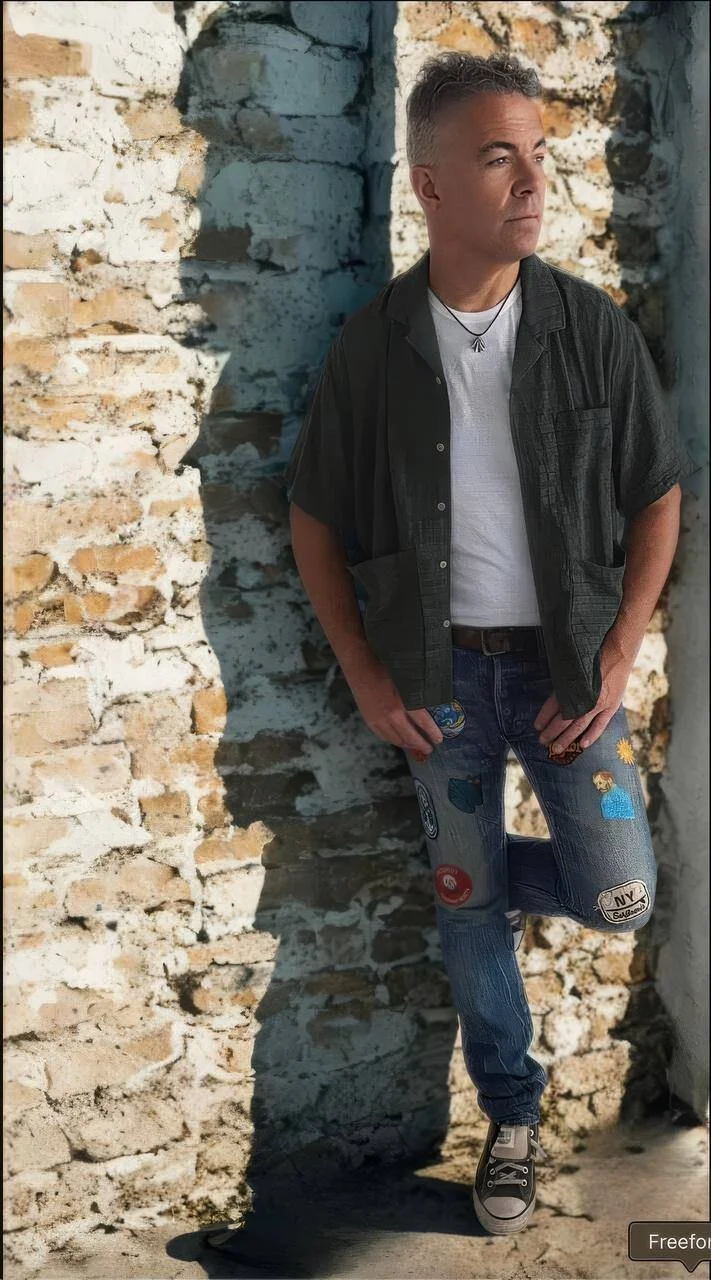 A man with short gray hair standing outdoors against a brick wall. He is wearing a black short-sleeve button-up shirt over a white t-shirt, jeans with patches, and sneakers. He is looking off to the side with a serious expression, with one hand in his pocket and the other resting on his thigh.