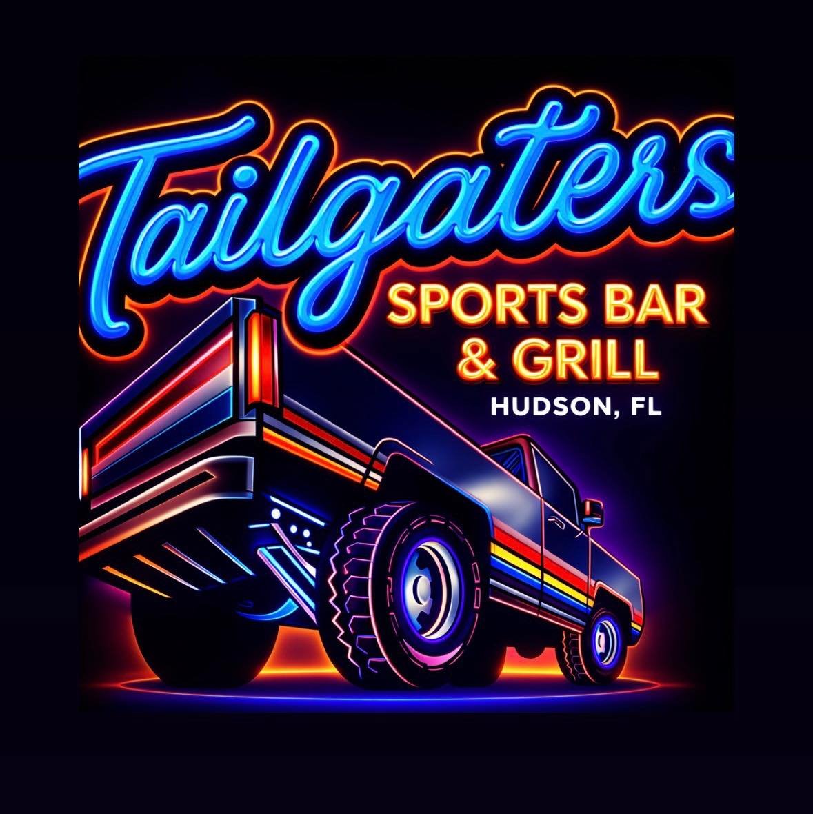Neon sign advertising Tailgaters Sports Bar & Grill in Hudson, FL, featuring a stylized truck with colorful neon lights.