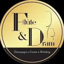 Logo for Hut & Dram featuring a champagne glass, caviar, and whiskey, with gold, black, and white colors.