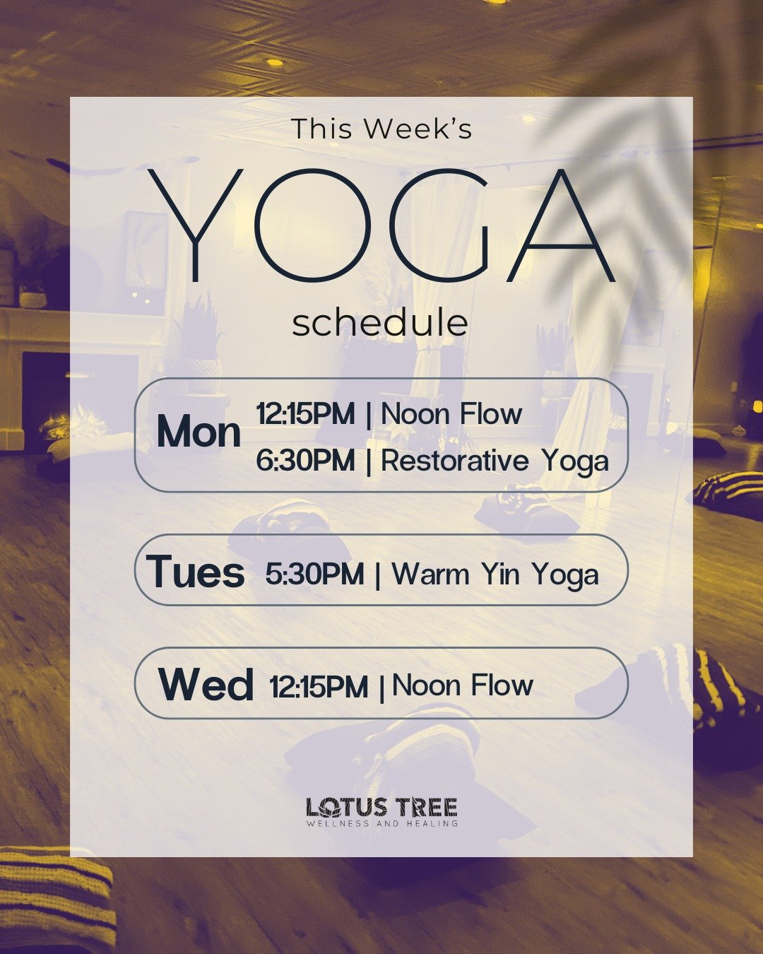 This week's yoga schedule! 🧘&zwj;♀️

We&rsquo;ve got a couple spots still open for next week, so if
you&rsquo;re hoping to join us, now&rsquo;s the perfect time to book.

See you on the mat!