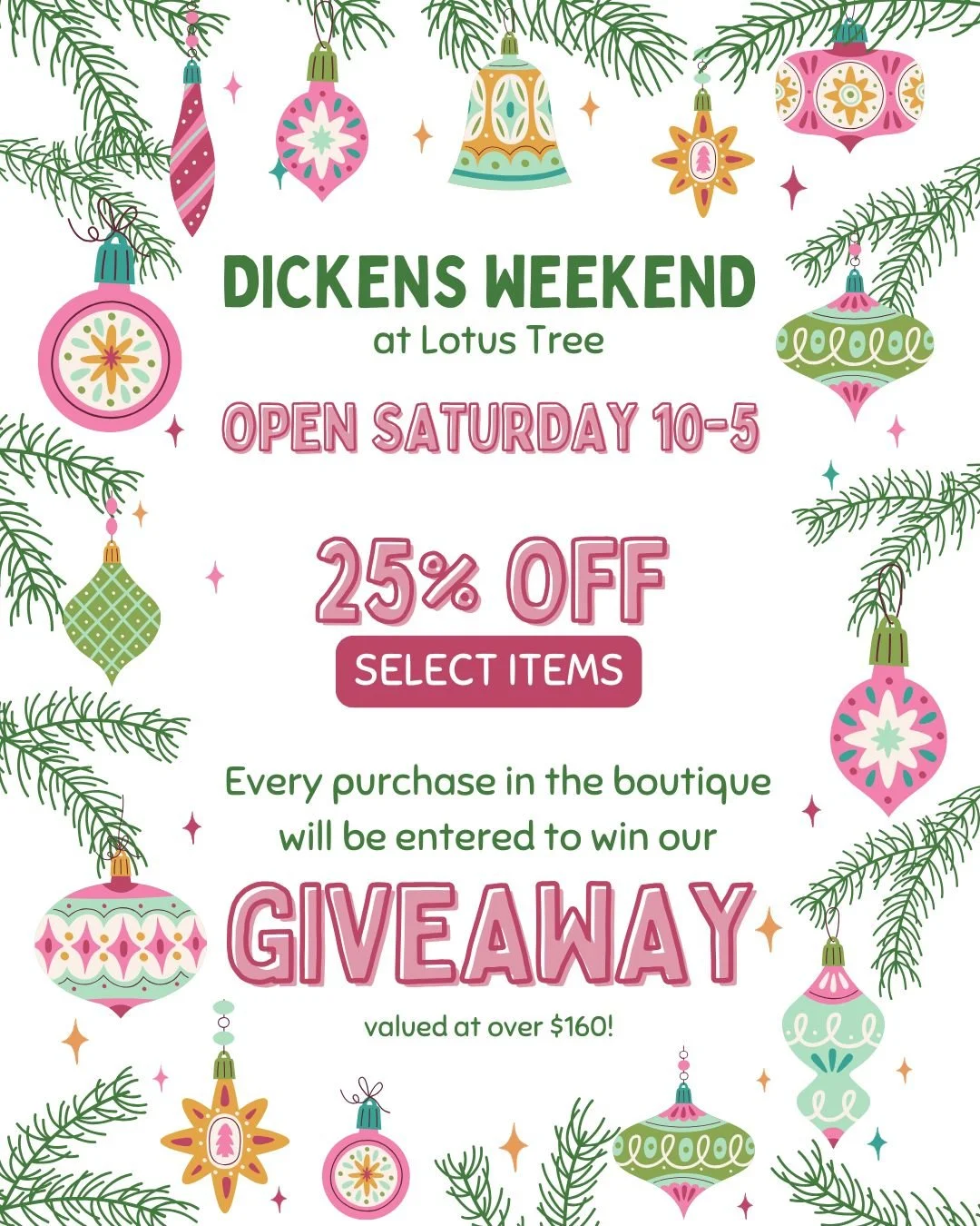 Dickens Weekend is almost here! ✨

We&rsquo;ll be open Saturday from 10&ndash;5, and our Christmas Market will be buzzing in the studio from 10&ndash;4.

🌟 Enjoy 25% off select items in the boutique all day!
PLUS every purchase enters you into our g