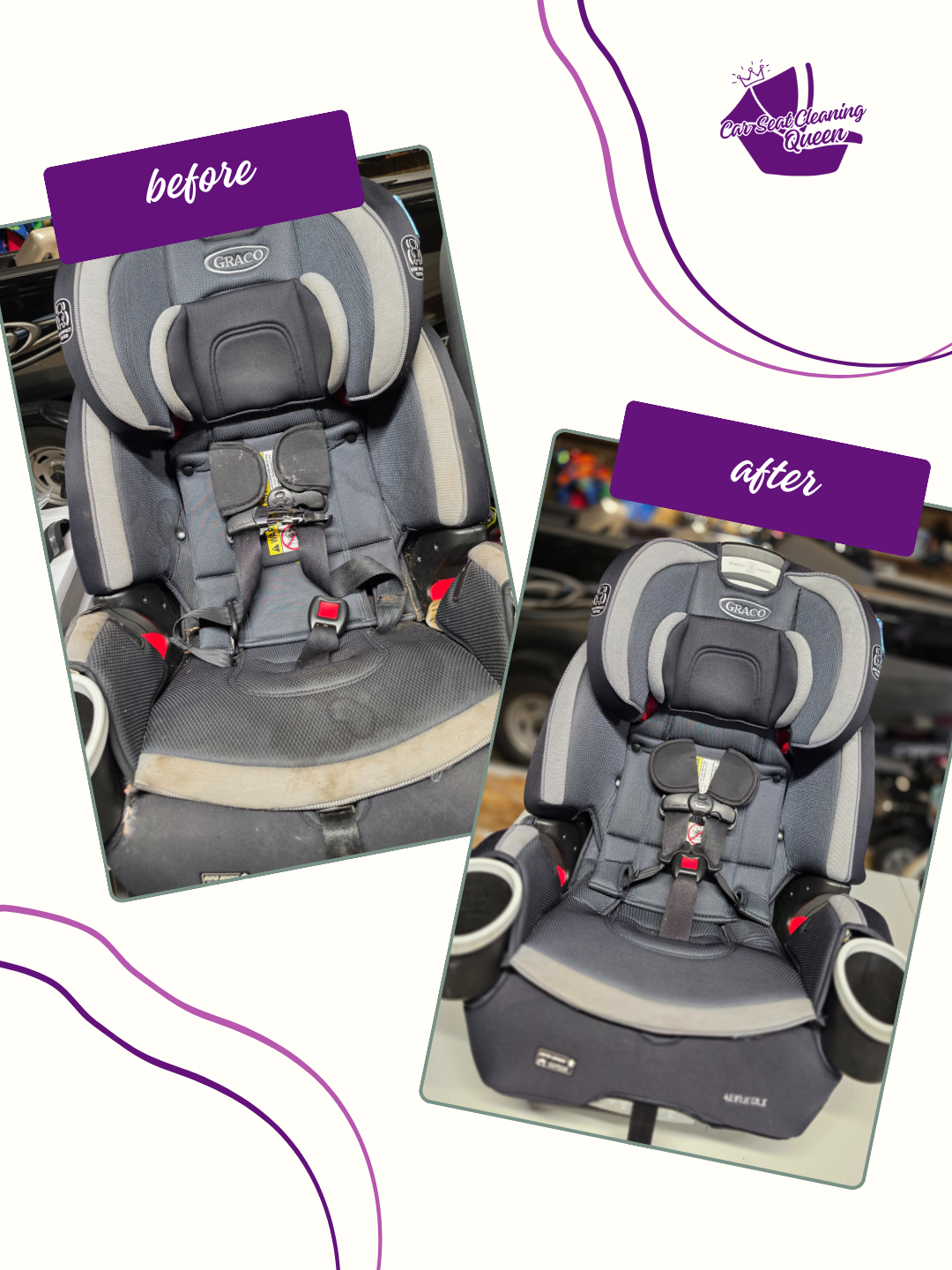 Comparison of a car seat before and after cleaning, showing the cleaned car seat with a more vibrant appearance.