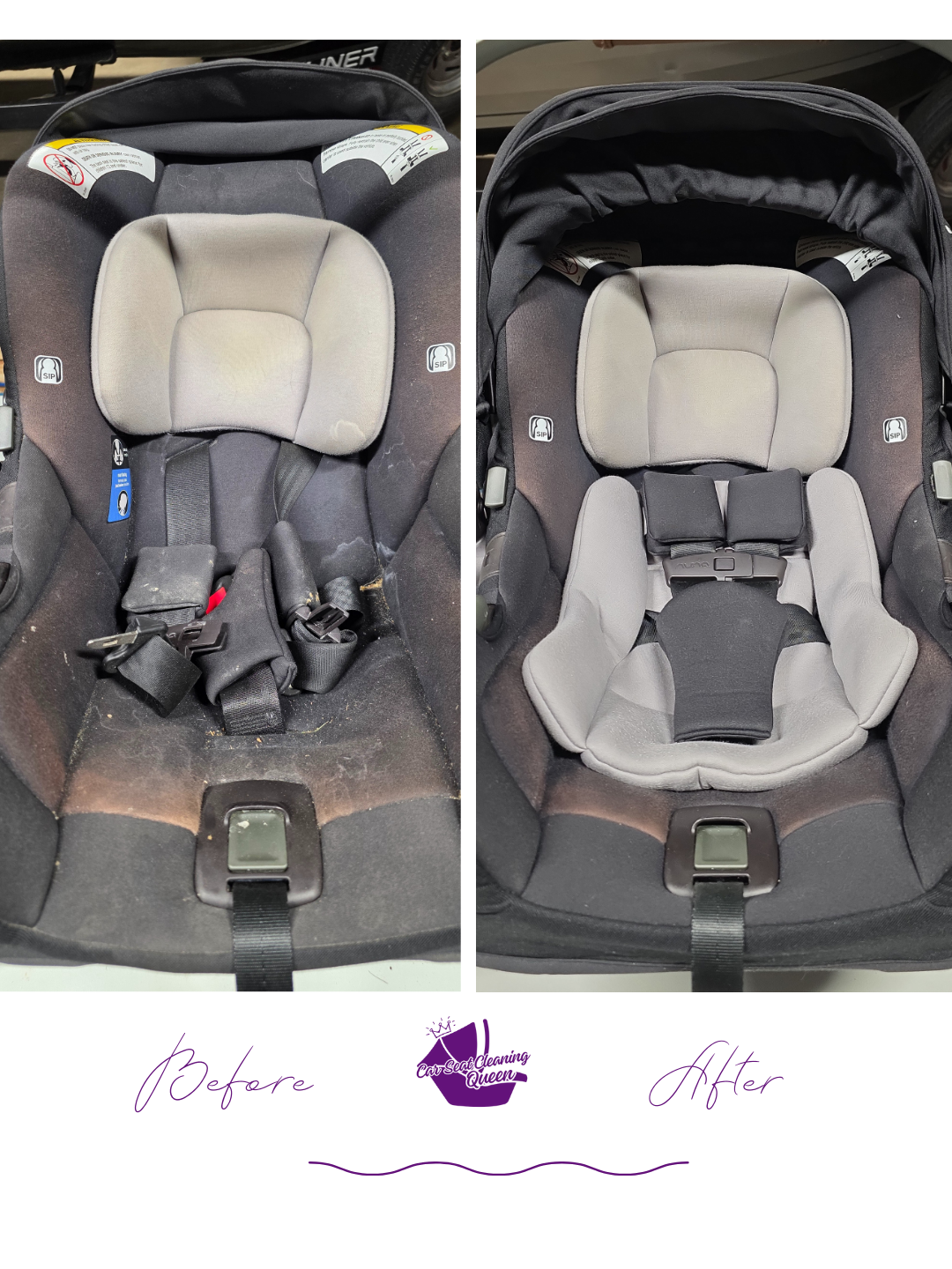 Before and after photos of a car seat cleaning, showing a dirty car seat on the left and a clean, refreshed car seat on the right.