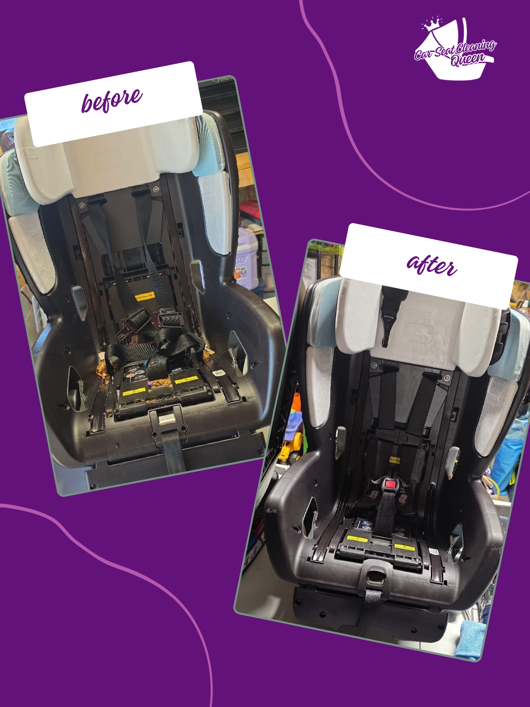 Comparison of a car seat before and after cleaning, showing the seat's fabric and black plastic structure.