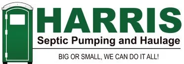 Logo for Harris Septic Pumping and Haulage with green and black text and a graphic of a septic tank