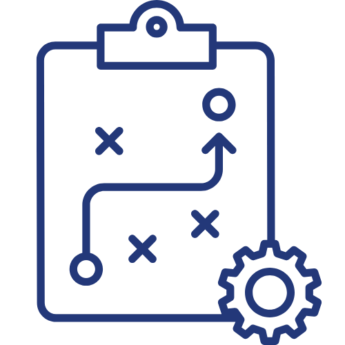 A diagram of a strategic plan or game plan on a clipboard with a gear icon, featuring arrows and X marks indicating steps or moves.