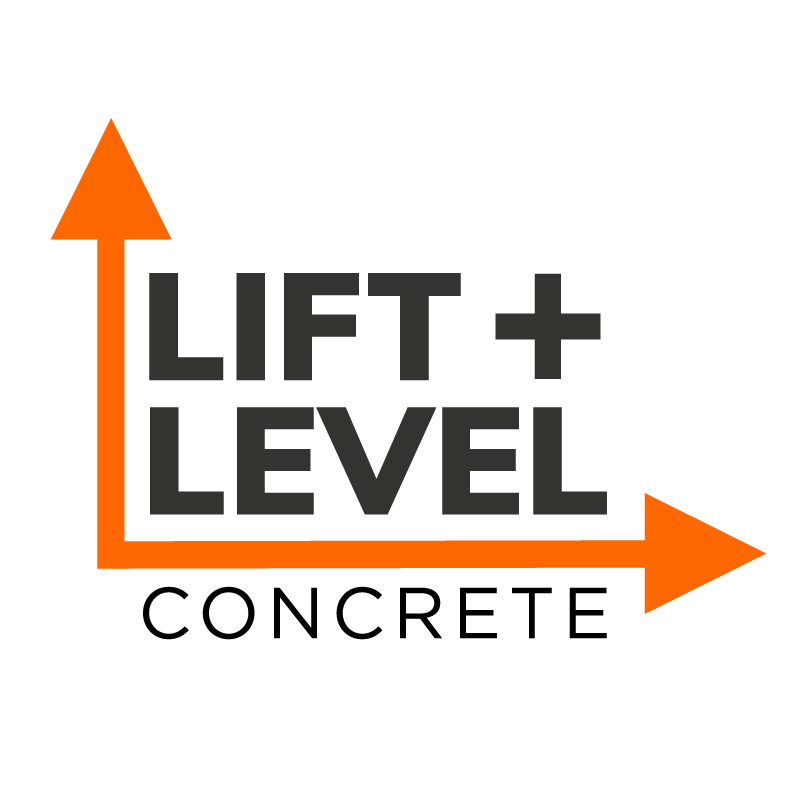 A graphic with an orange arrow pointing upward and to the right, combined with a horizontal orange arrow pointing to the right, framing the words 'LIFT + LEVEL' in gray text, on a black background.