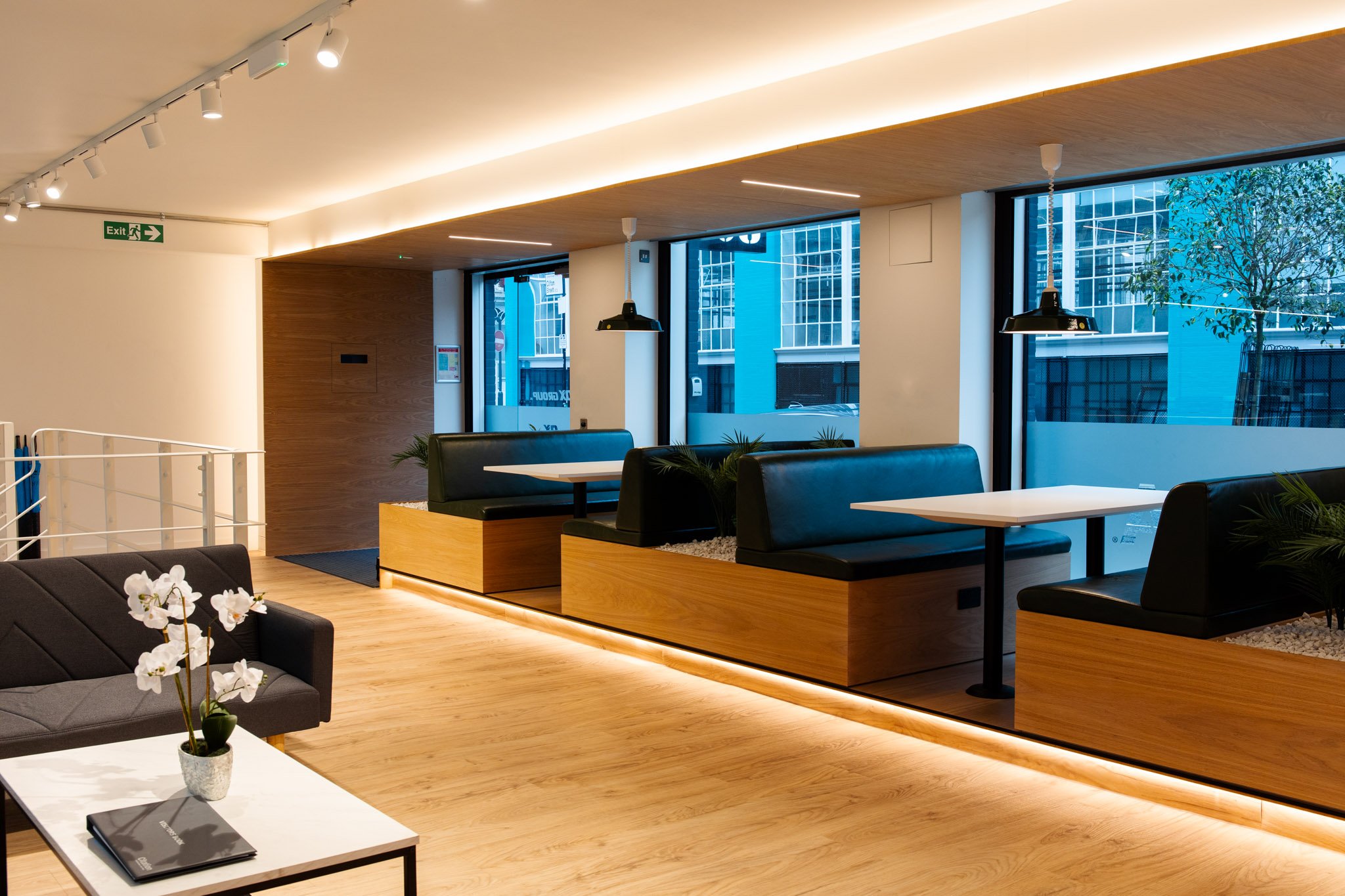 Modern interior space with large windows, black booth seating, and wood accents, featuring white walls, ceiling track lighting, and potted plants.