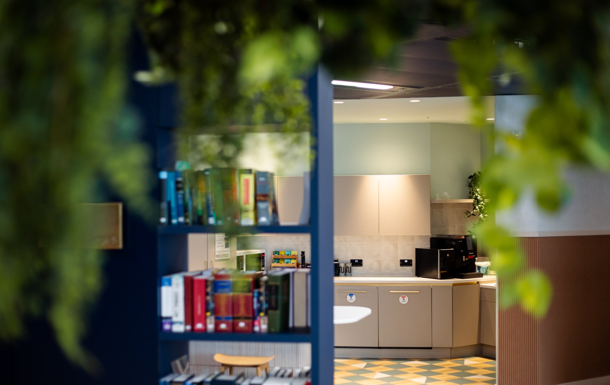 View of a cozy indoor space seen through an opening surrounded by greenery, featuring a bookshelf, a counter with kitchen appliances, and a patterned floor.