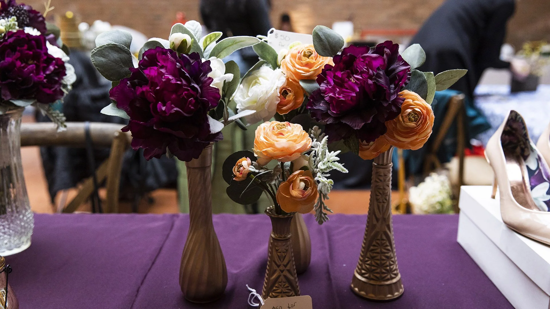 silk flowers in gold vases, resale items for your wedding at affordable prices