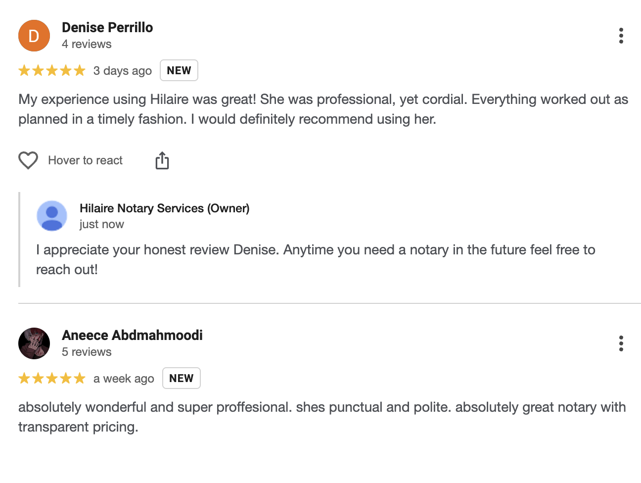 Online reviews for a notary service provided by Hilaire Notary Services, including positive comments from customers Denise Perrillo and Anece Abdahmoodi.