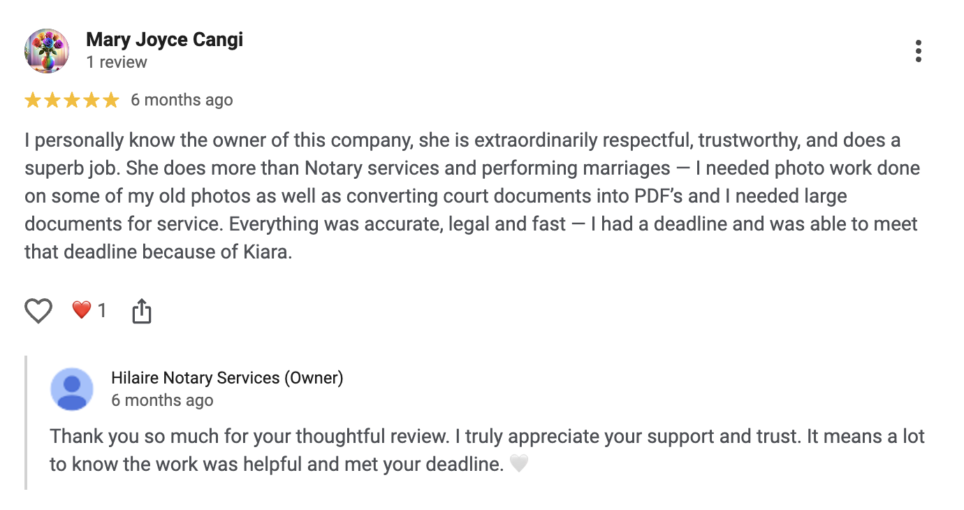 Screenshot of a Google review and owner reply for Hilaire Notary Services, praising the owner's professionalism, trustworthiness, and quick, accurate service.
