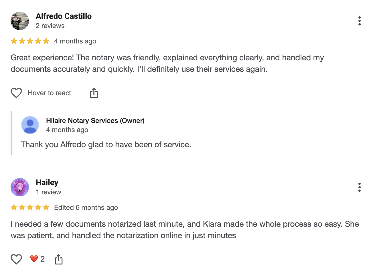 Screenshots of online reviews for a notary service, including reviews from Alfredo Castillo and Hailey praising the service and the notary Kiara.