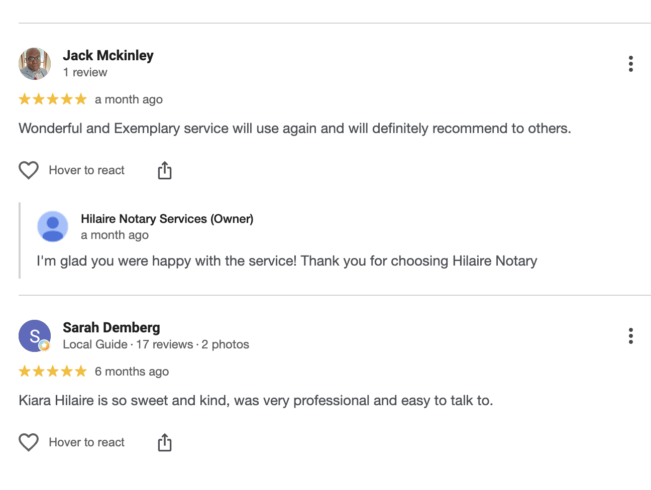 Screenshot of three five-star reviews for Hilaire Notary Services, praising professional, kind, and exemplary service, with comments from clients Jack McKinley, Hilaire Notary, and Sarah Demberg.
