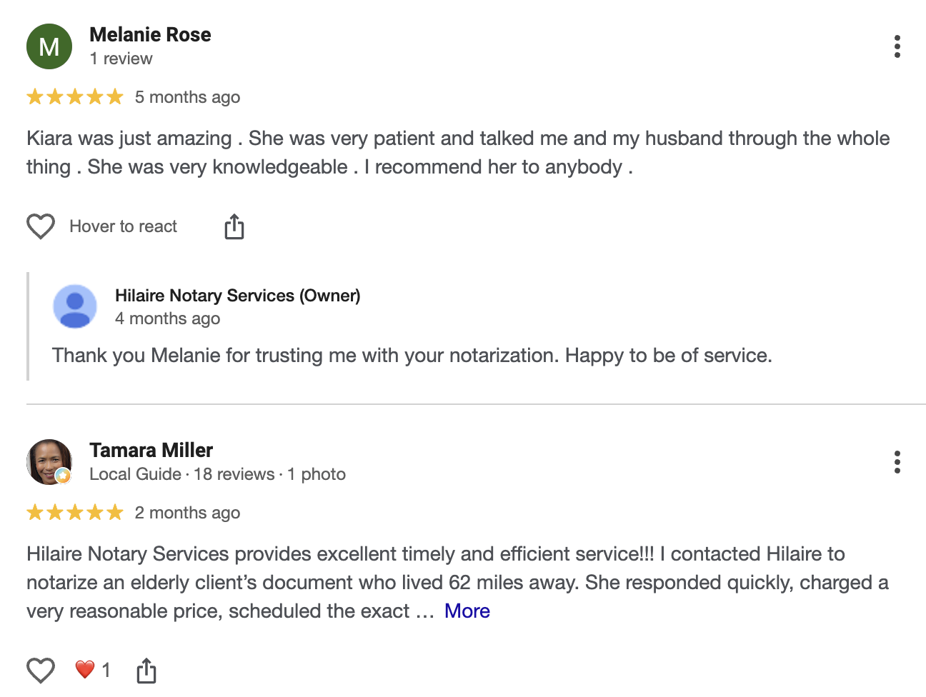 Screenshot of online reviews for Hilaire Notary Services, showing positive customer feedback and ratings for notary services.