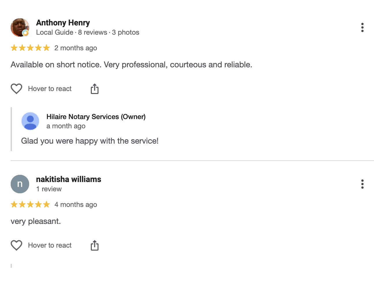 Online reviews for a service from Anthony Henry, Hilaire Notary Services, and Nakitisha Williams, highlighting satisfaction and professionalism.
