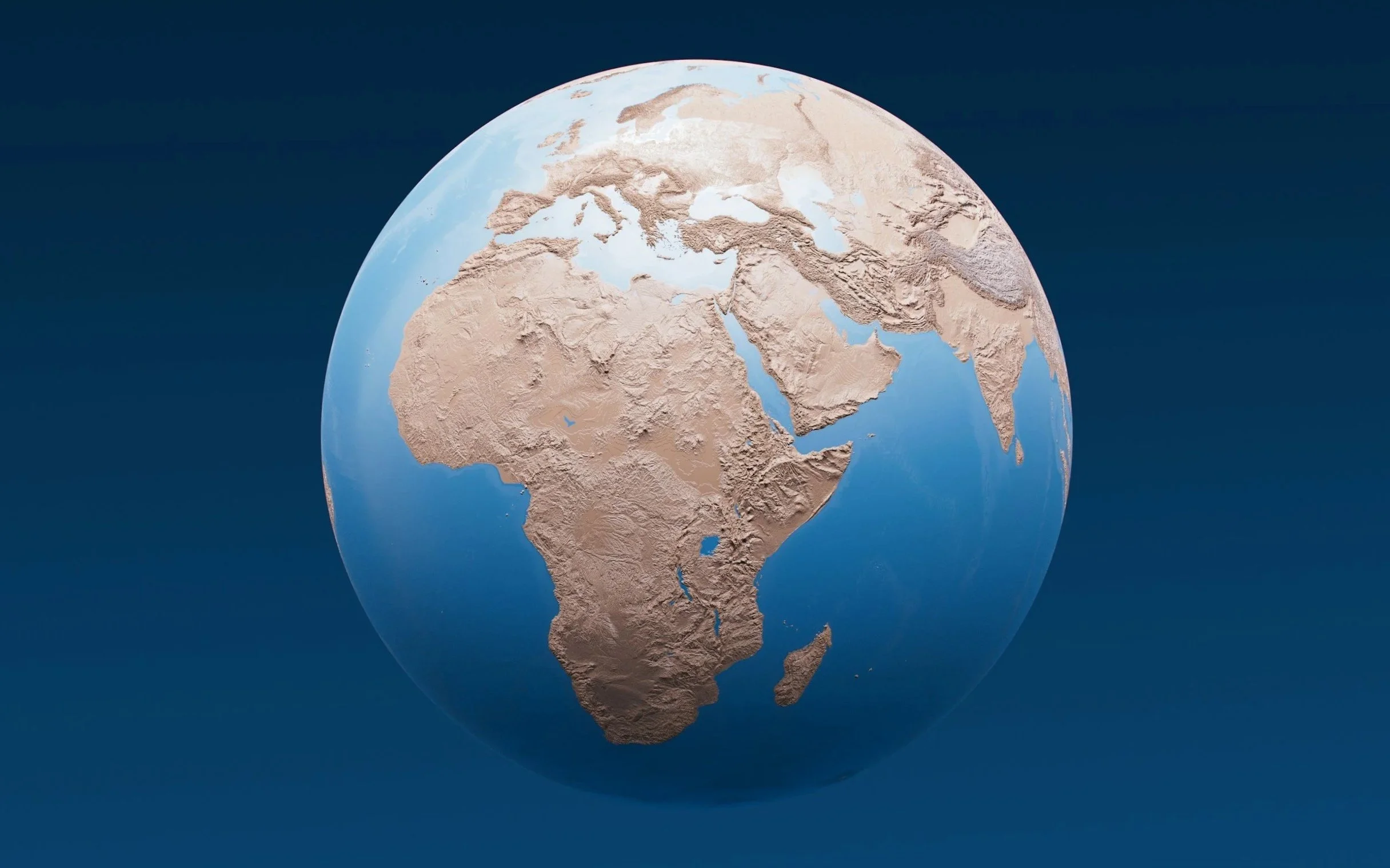 A globe showing Africa, the Middle East, and parts of Europe and Asia, with landmasses in tan and oceans in blue.