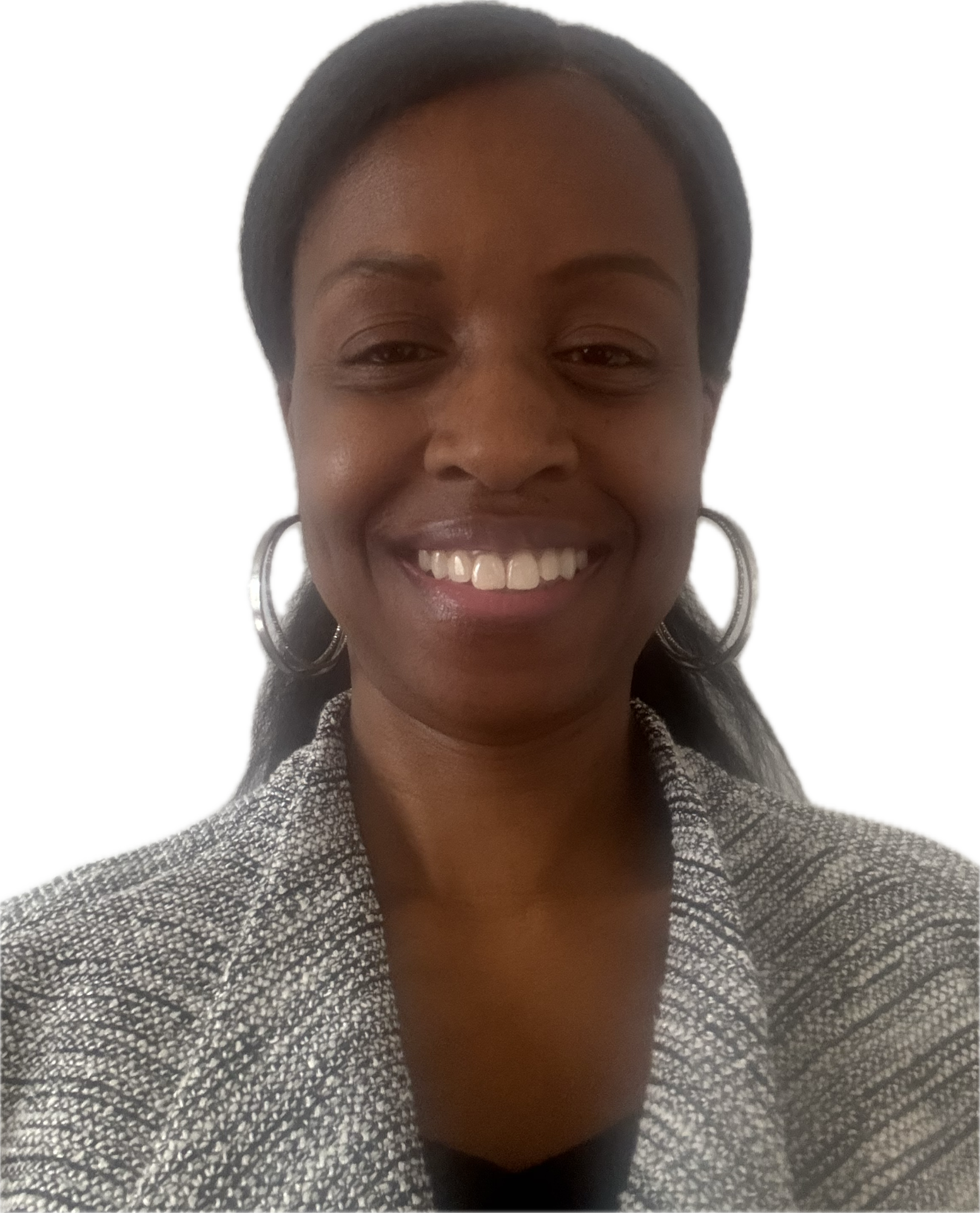 A woman smiling with short dark hair, wearing large hoop earrings and a patterned blazer.