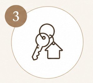 A keyring with two keys, one house-shaped key and one round key, inside a white circle with a brown number 3 badge at the top left.