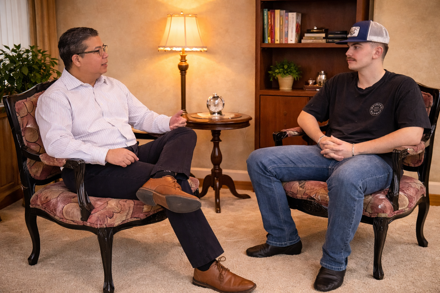 Two men sitting and talking in a living room. One man is wearing a white shirt, dark pants, and tan shoes. The other man is wearing a black t-shirt, jeans, and a baseball cap. There is a lamp, a small table, and a bookshelf in the background.
