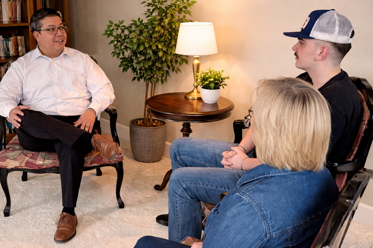 A man sitting in a chair talking to three other people who are listening.