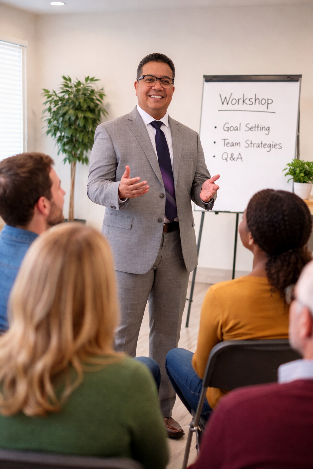 A man in a light gray suit, purple tie, and glasses speaks to a group in a workshop setting. A whiteboard behind him lists 'Goal Setting,' 'Team Strategies,' and 'Q&A.' There are potted plants and windows in the background.