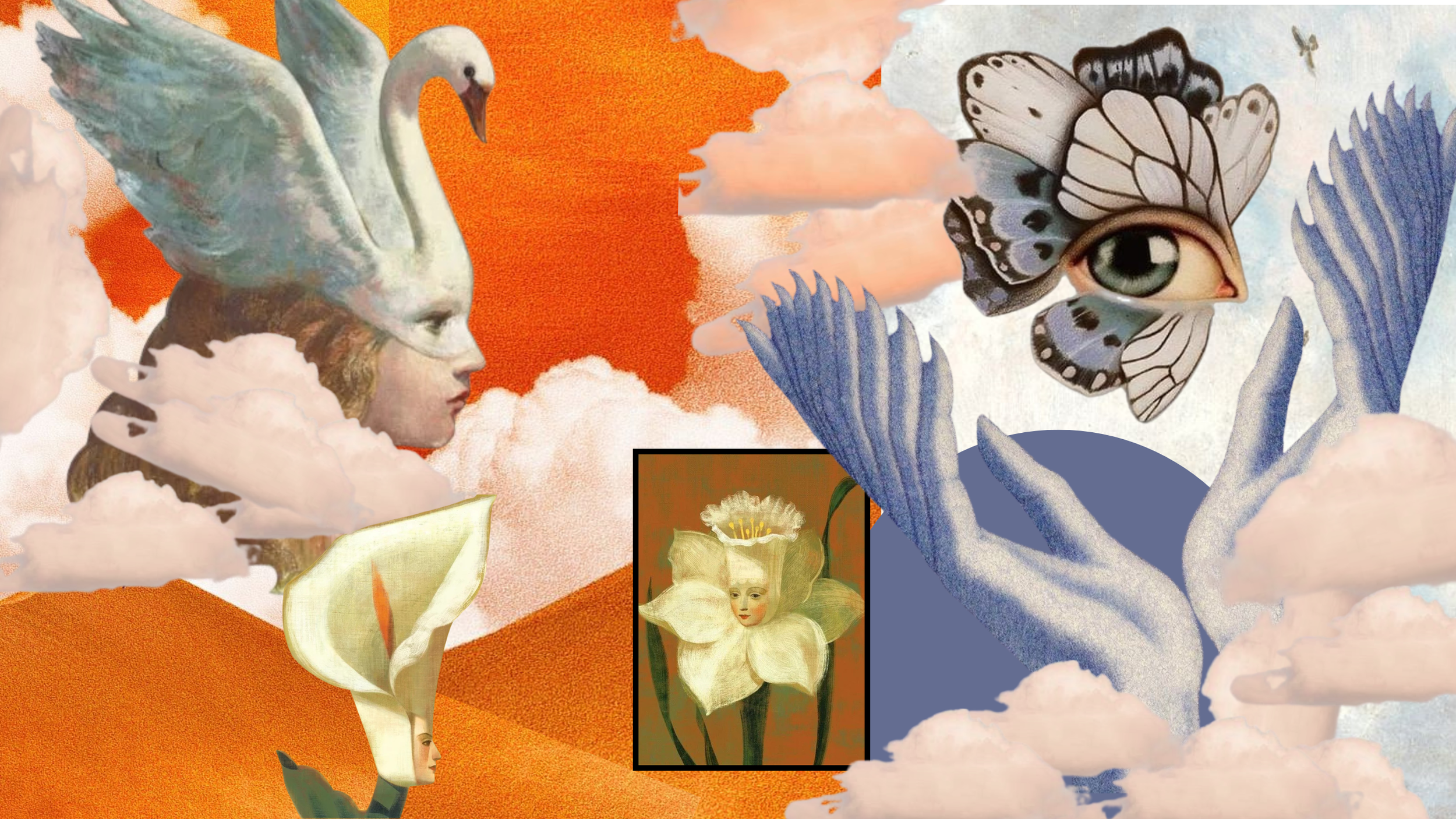 Surreal collage featuring an artistic woman with a swan head for a hat, clouds, butterflies with human eyes, a flower with a human face, and a landscape with orange and blue colors.
