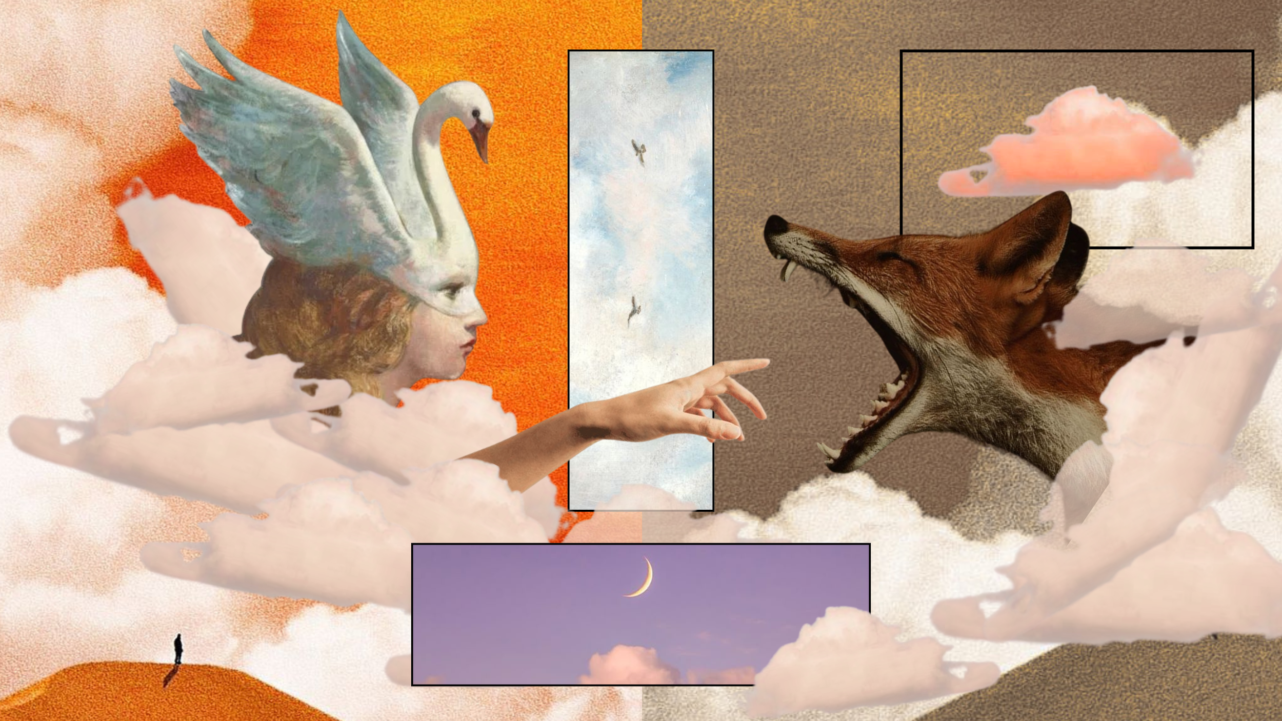 Surreal collage of a woman's face with a swan mask, a hand reaching toward a roaring fox, clouds, a crescent moon, and birds flying in a sky divided into warm and cool tones.