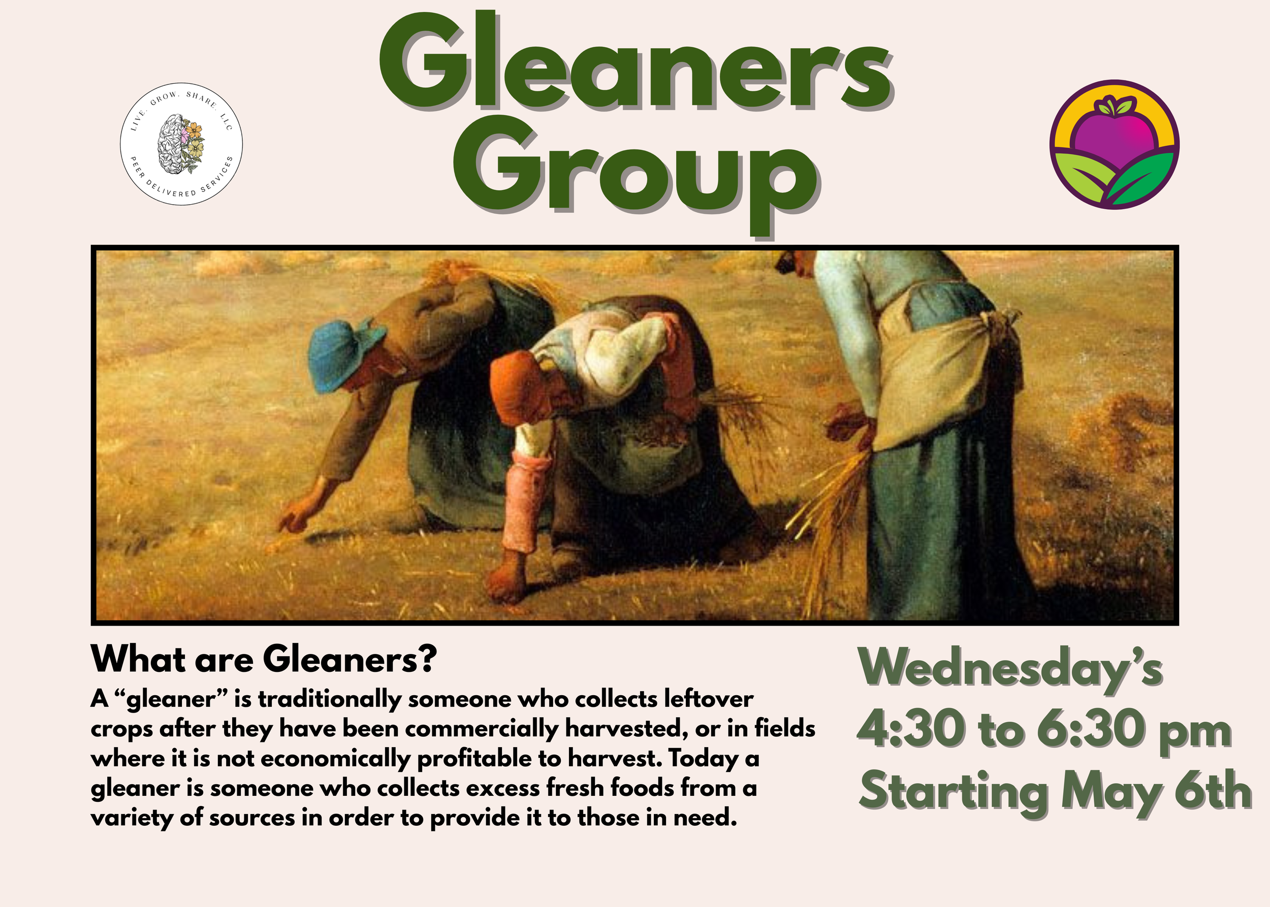 Flyer announcement for Gleaners Group, featuring a painting of women harvesting crops. Text explains what gleaners are, their role in collecting leftover crops, and details about the group's meeting time and start date.