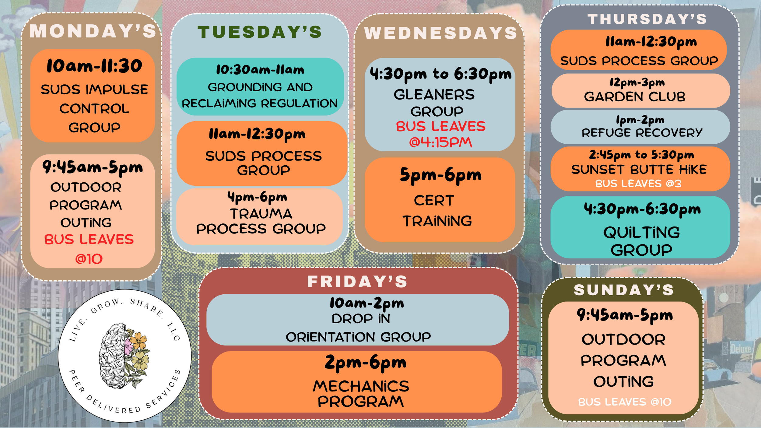Weekly schedule with activities hosted by Peer Delivered Services, including days, times, and descriptions of each event, on a colorful background.