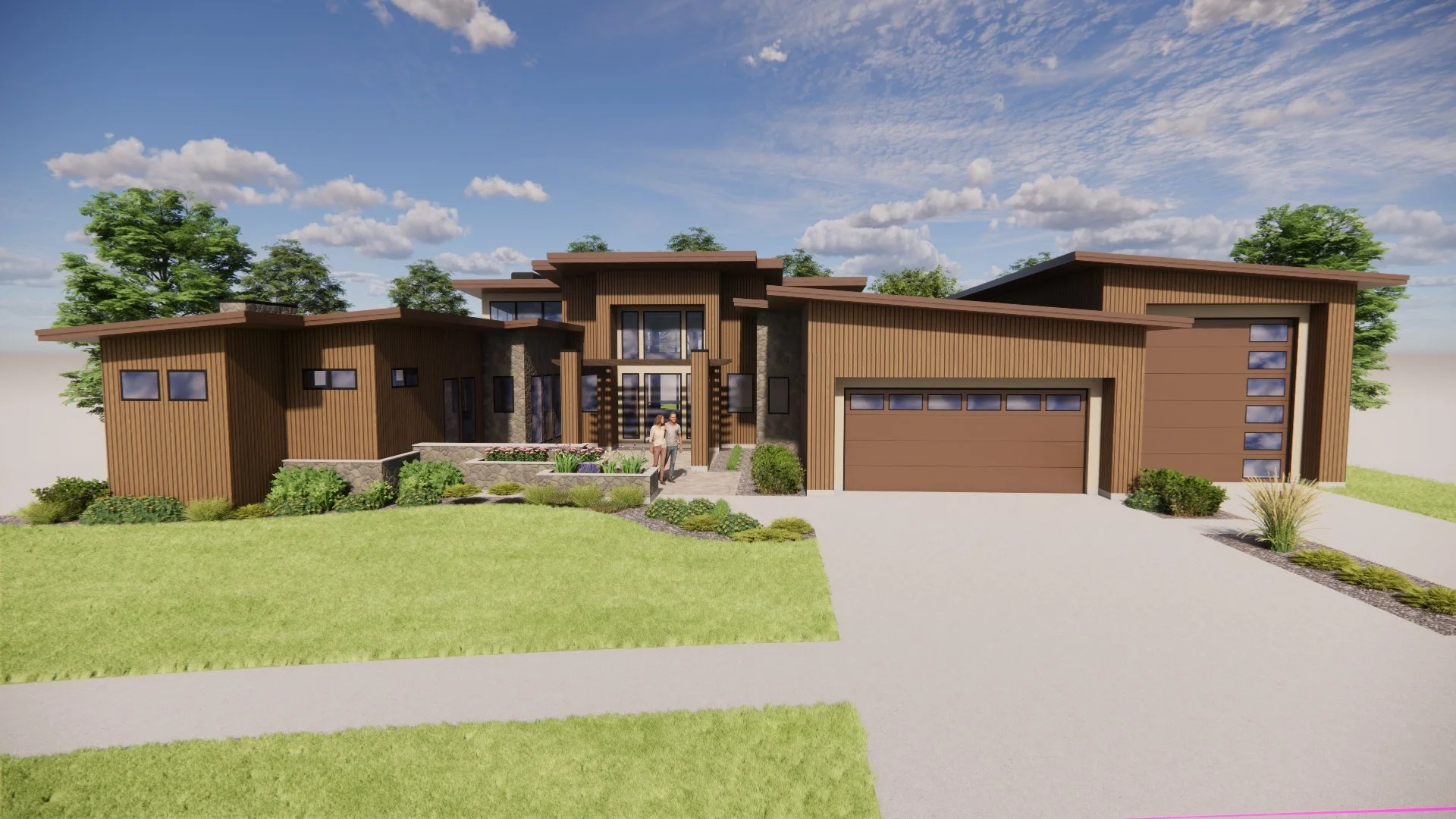 A modern residential house with a wooden exterior, multiple roof levels, and a two-car garage, surrounded by green lawn and trees, under a partially cloudy sky.