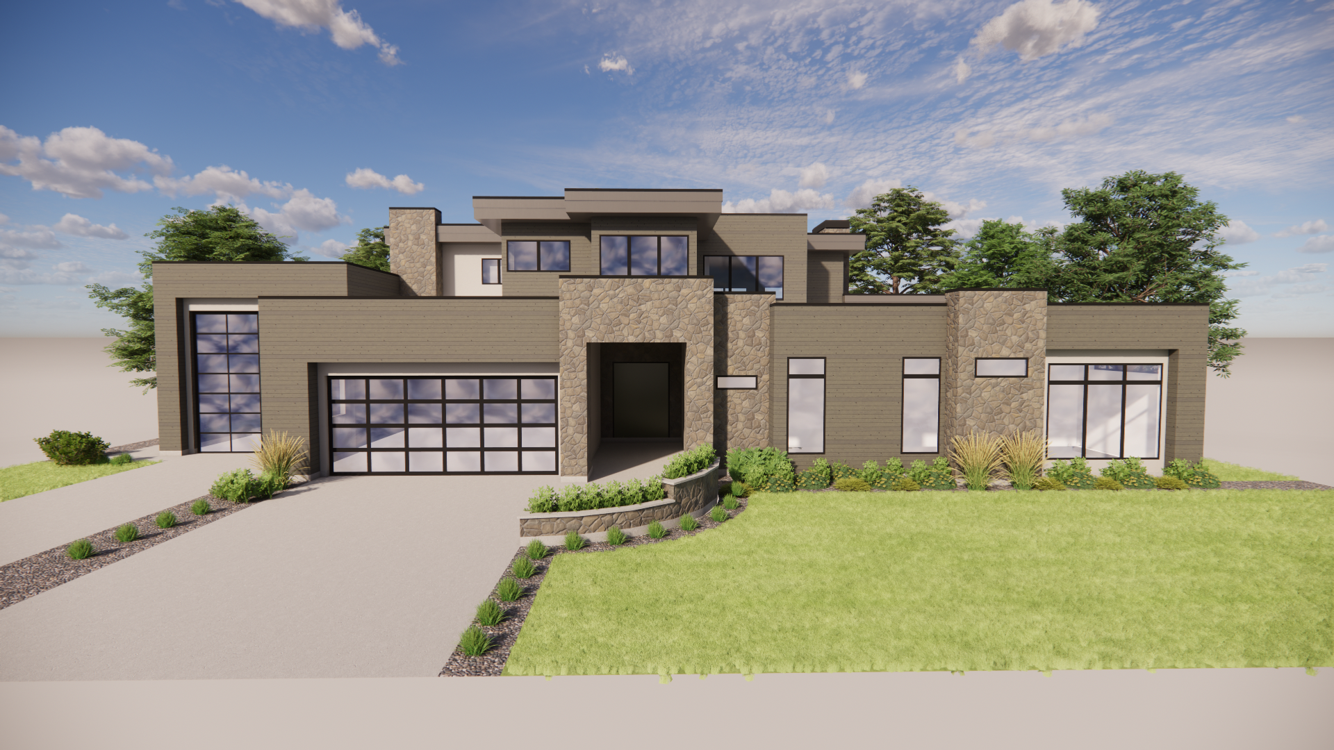 Modern two-story house with large windows, stone accents, and a landscaped front yard with greenery and a driveway.