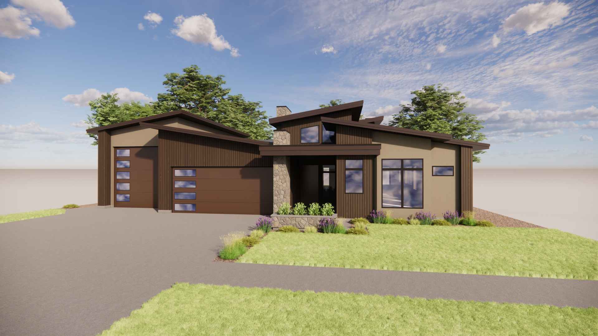 Modern house with brown siding and large windows, surrounded by trees and landscaped yard.