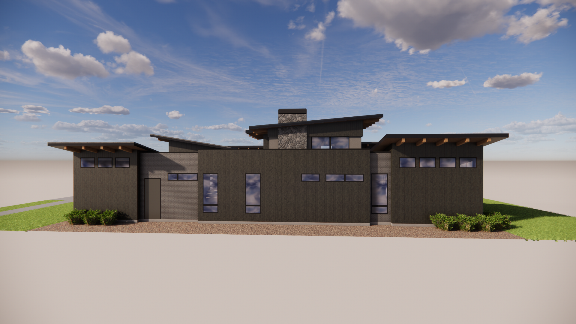 Modern house with dark exterior, variously sized rectangular windows, and sloped roofs under a partly cloudy sky.