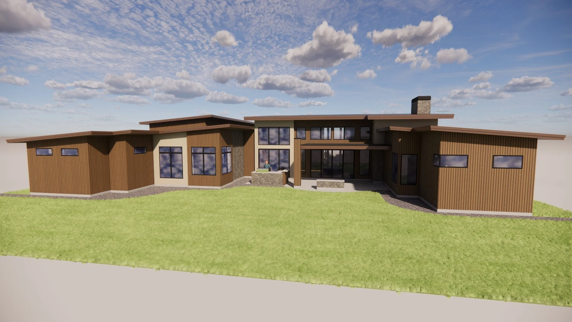 Rendering of a modern, single-story house with wooden and stone exterior, large windows, and a lawn.