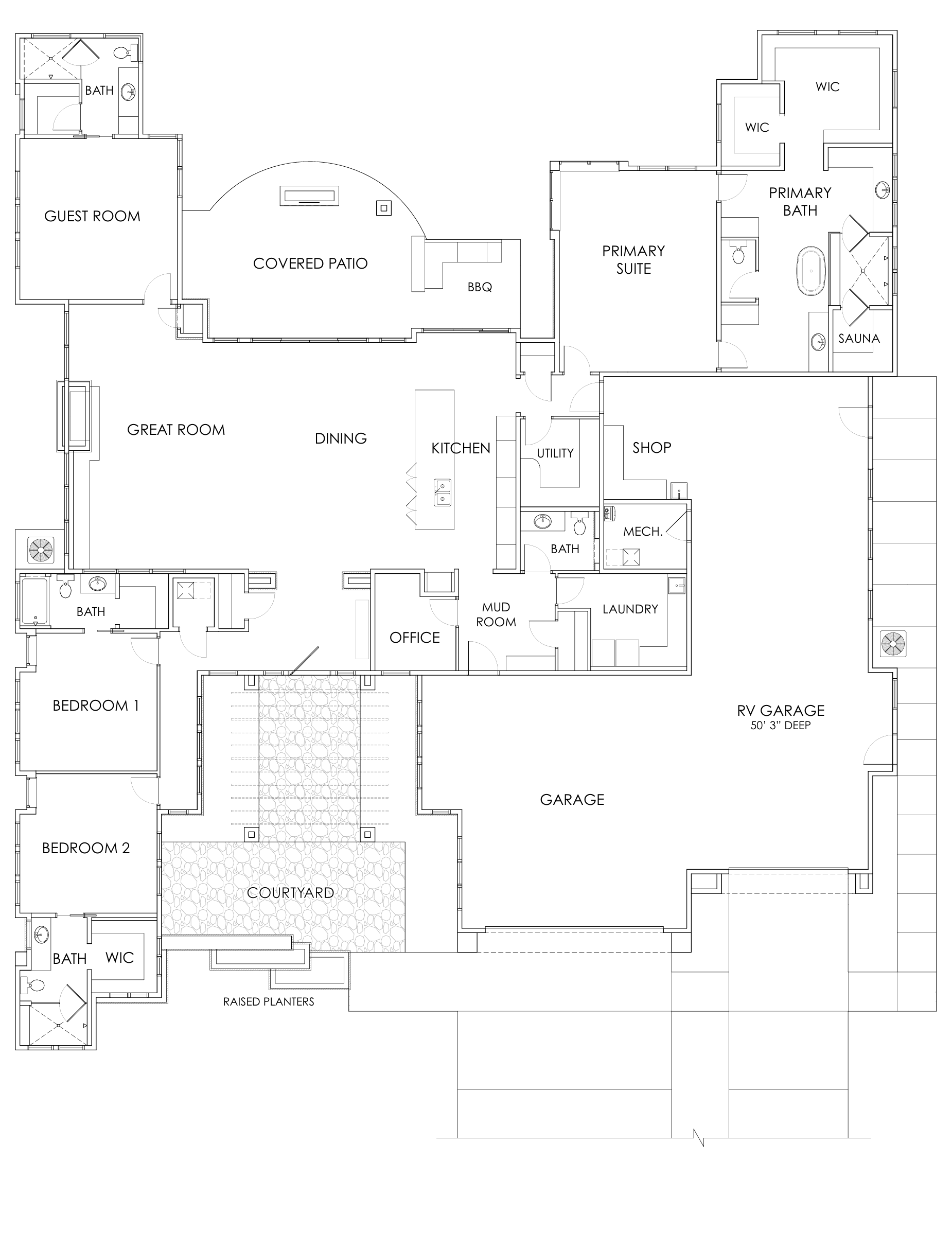 Architectural floor plan with labeled rooms including bedrooms, bathrooms, garage, kitchen, living areas, courtyard, laundry, office, and various outdoor spaces.