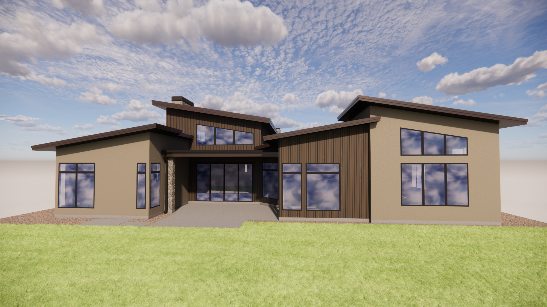 A modern house with large windows, partly clad in vertical wooden panels, set in a grassy yard under a partly cloudy sky.