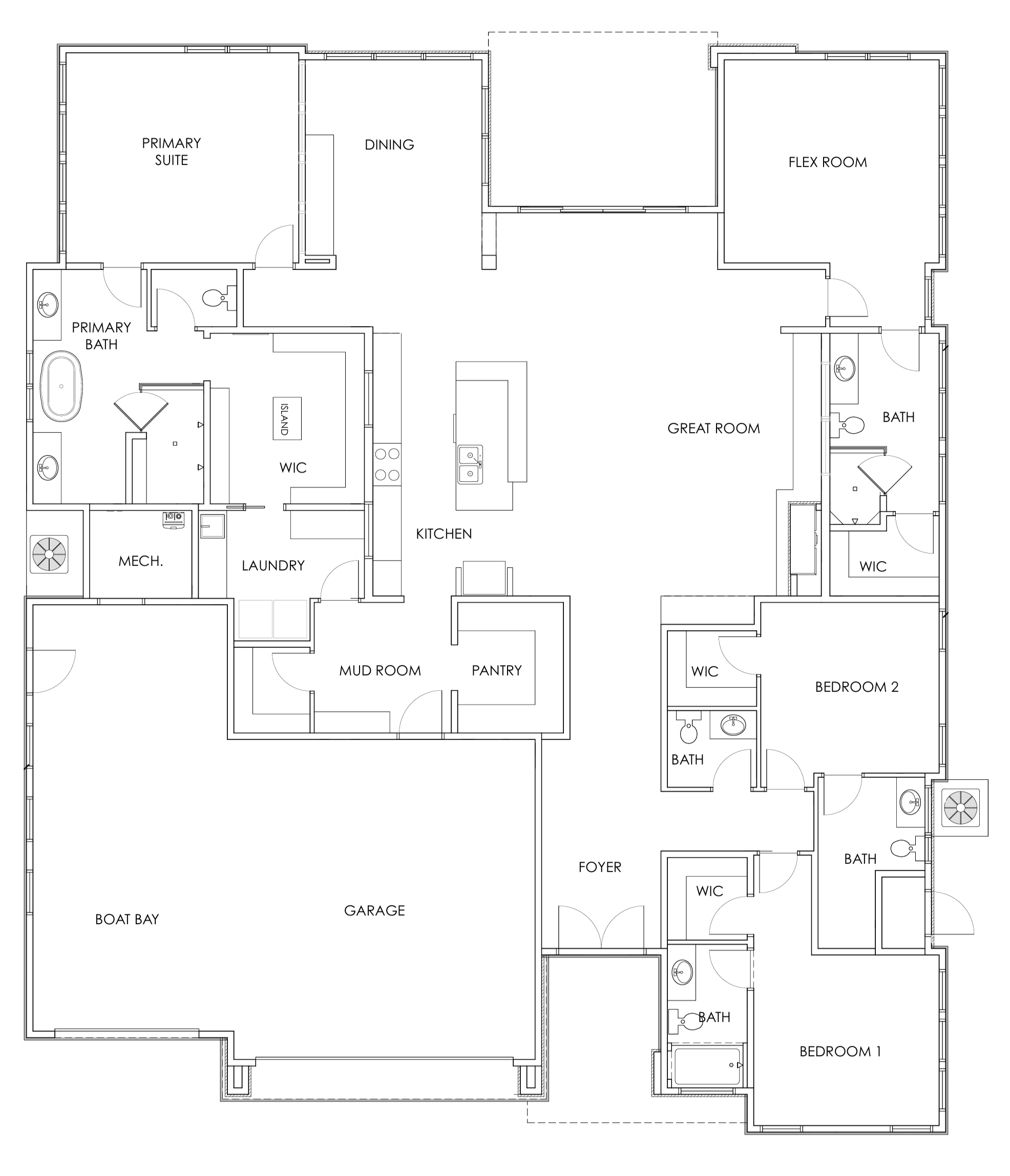 Detailed floor plan of a house showing rooms and areas such as primary suite, primary bath, walk-in closets, kitchen, garage, boat bay, laundry, mud room, pantry, foyer, bedrooms, bathrooms, great room, flex room, dining, and mechanical room.