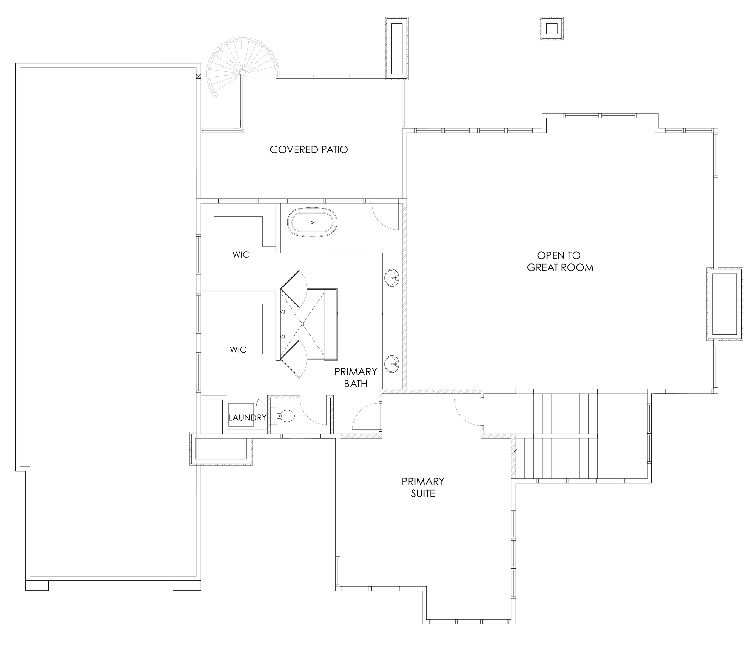 Architectural floor plan showing a primary suite, primary bath, walk-in closets, covered patio, laundry area, and open-to-great-room space.