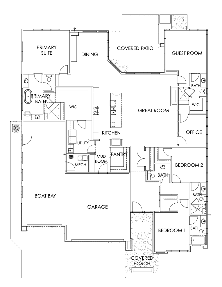 Floor plan of a house with designated rooms including primary suite, guest room, bedrooms 1 and 2, office, bathrooms, kitchen, great room, dining area, covered patio, covered porch, garage, boat bay, utility room, pantry, mud room, mechanical room, and walk-in closets.